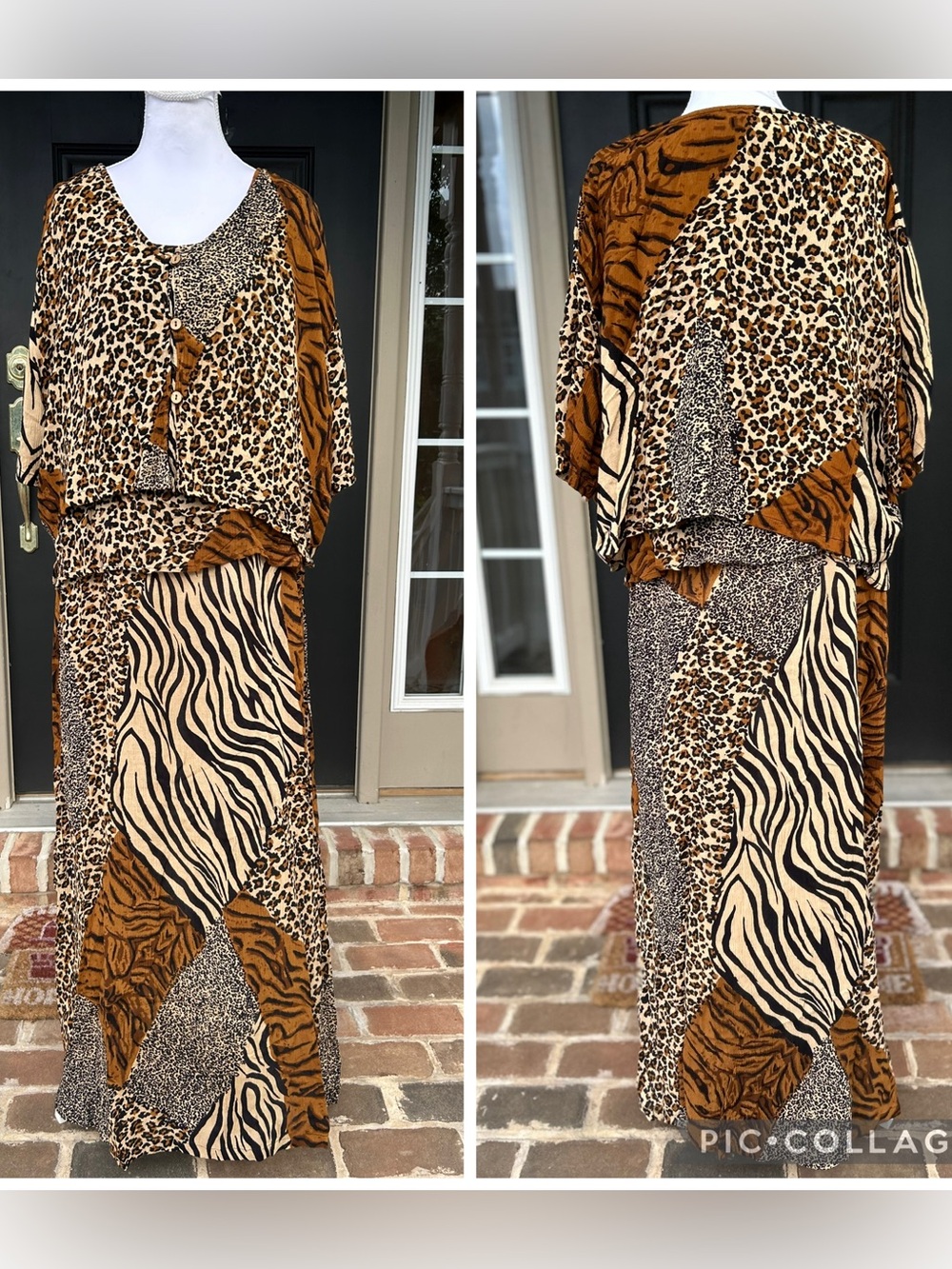 Vintage 90s leopard zebra animal print patchwork maxi dress jacket gvc tribal XL